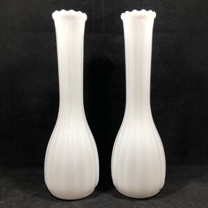 2 FARMHOUSE MILK GLASS BUD VASES WITH RUFFLED RIM TOP 8.75” TALL